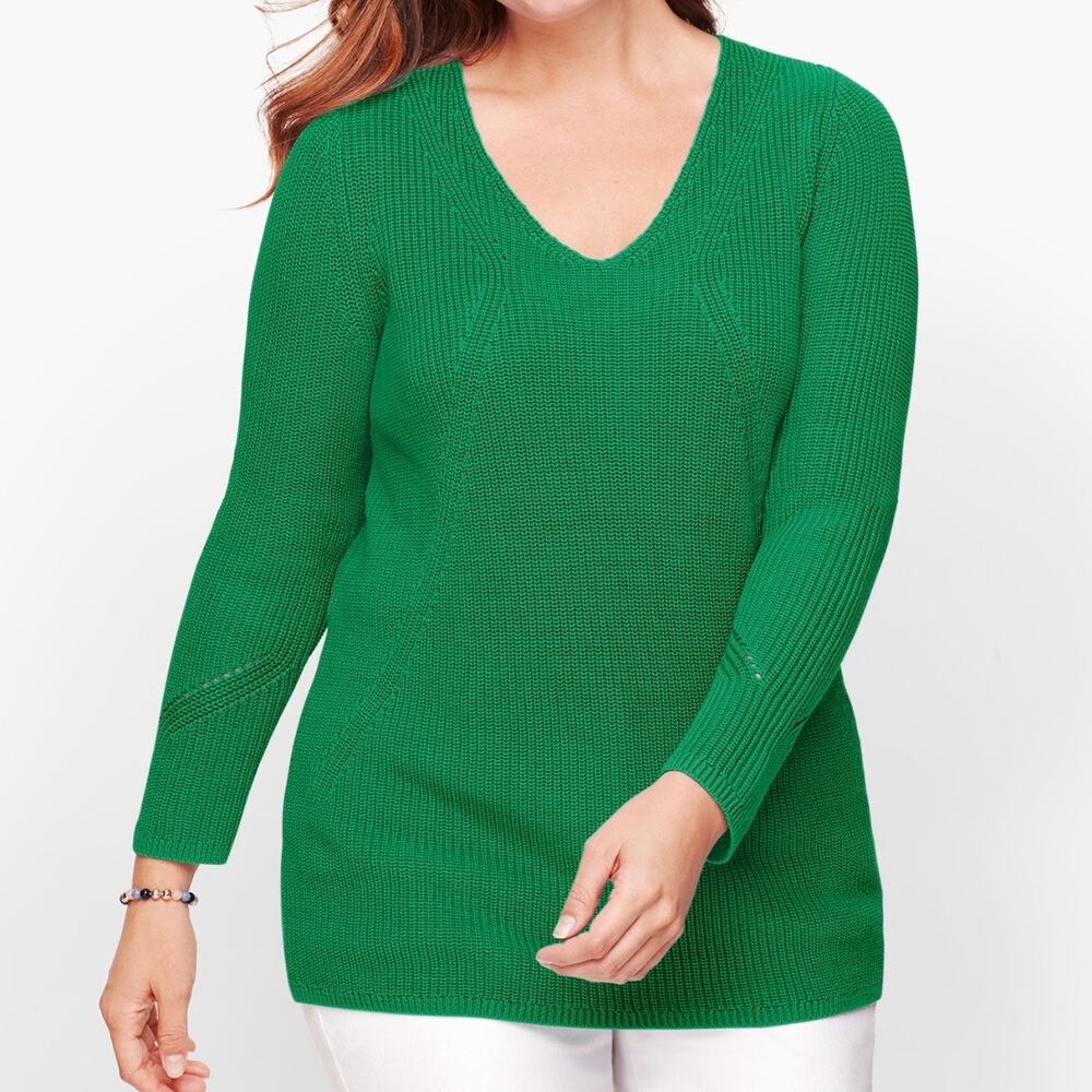Talbots Women's Green V-Neck Shaker Stitch Sweater Knit Size 3X Kelly Emerald